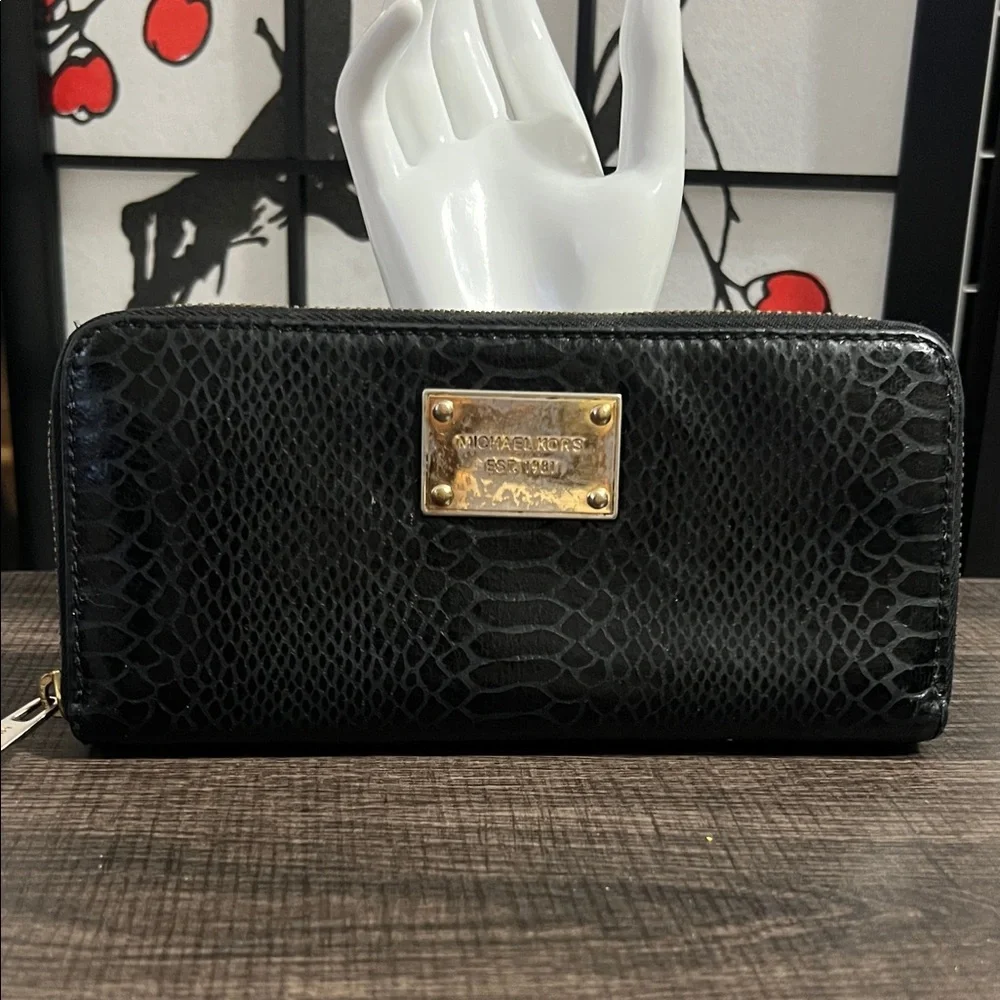 Michael Kors Black Snake-Embossed Zip Wallet with Gold Plaque